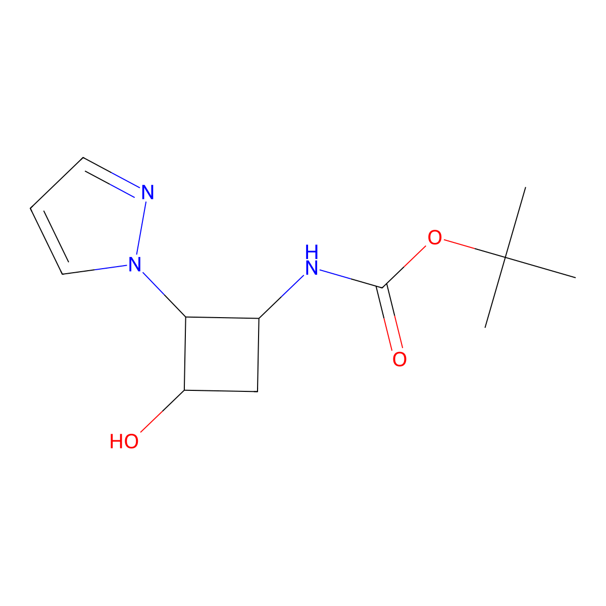 tert-butyl N-[3-hydroxy-2-(1H-pyrazol-1-yl)cyclobutyl]carbamate molecular structure, CAS 2386820-88-6