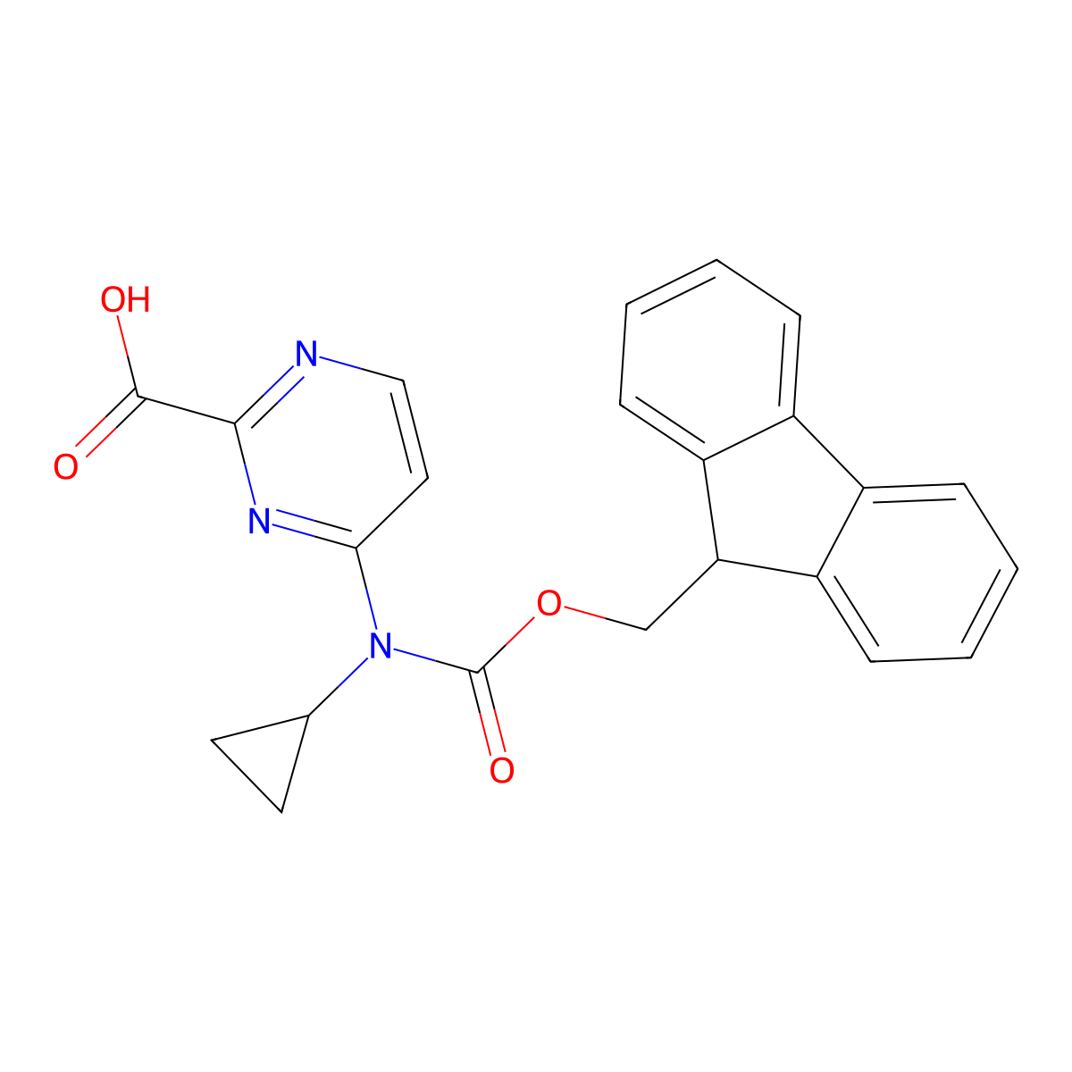 4-[cyclopropyl({[(9H-fluoren-9-yl)methoxy]carbonyl})amino]pyrimidine-2-carboxylic acid molecular structure, CAS 2386900-55-4