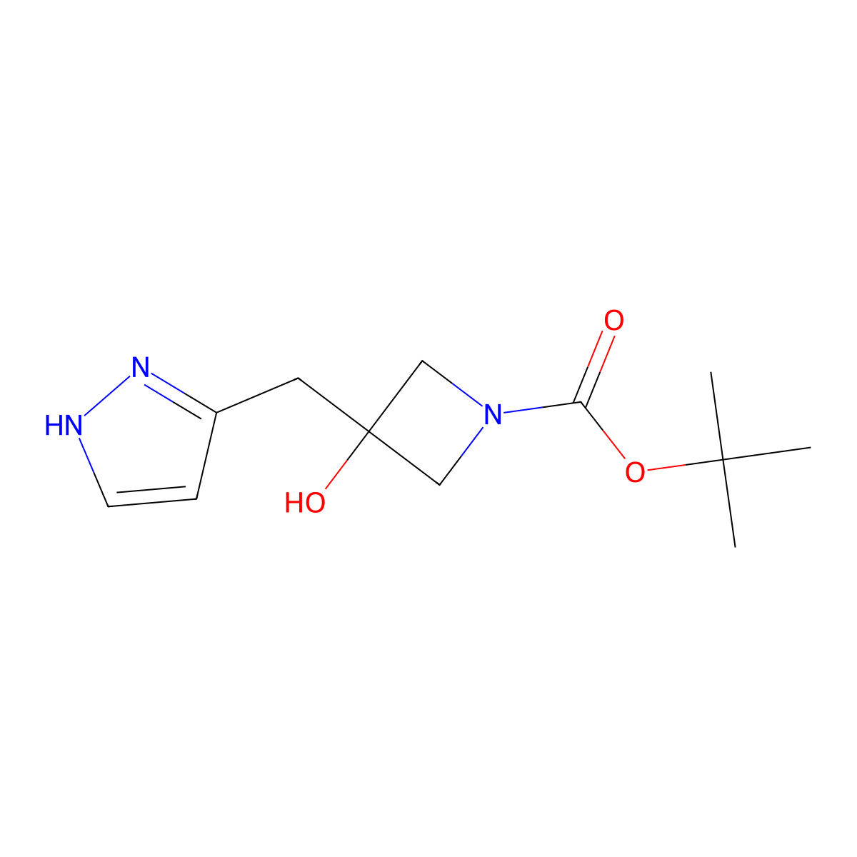 tert-butyl 3-hydroxy-3-[(1H-pyrazol-3-yl)methyl]azetidine-1-carboxylate molecular structure, CAS 2387001-13-8