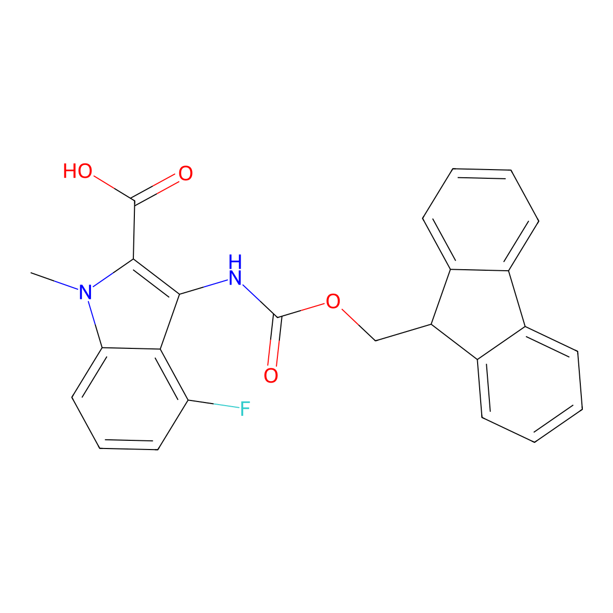 3-({[(9H-fluoren-9-yl)methoxy]carbonyl}amino)-4-fluoro-1-methyl-1H-indole-2-carboxylic acid molecular structure, CAS 2387002-77-7