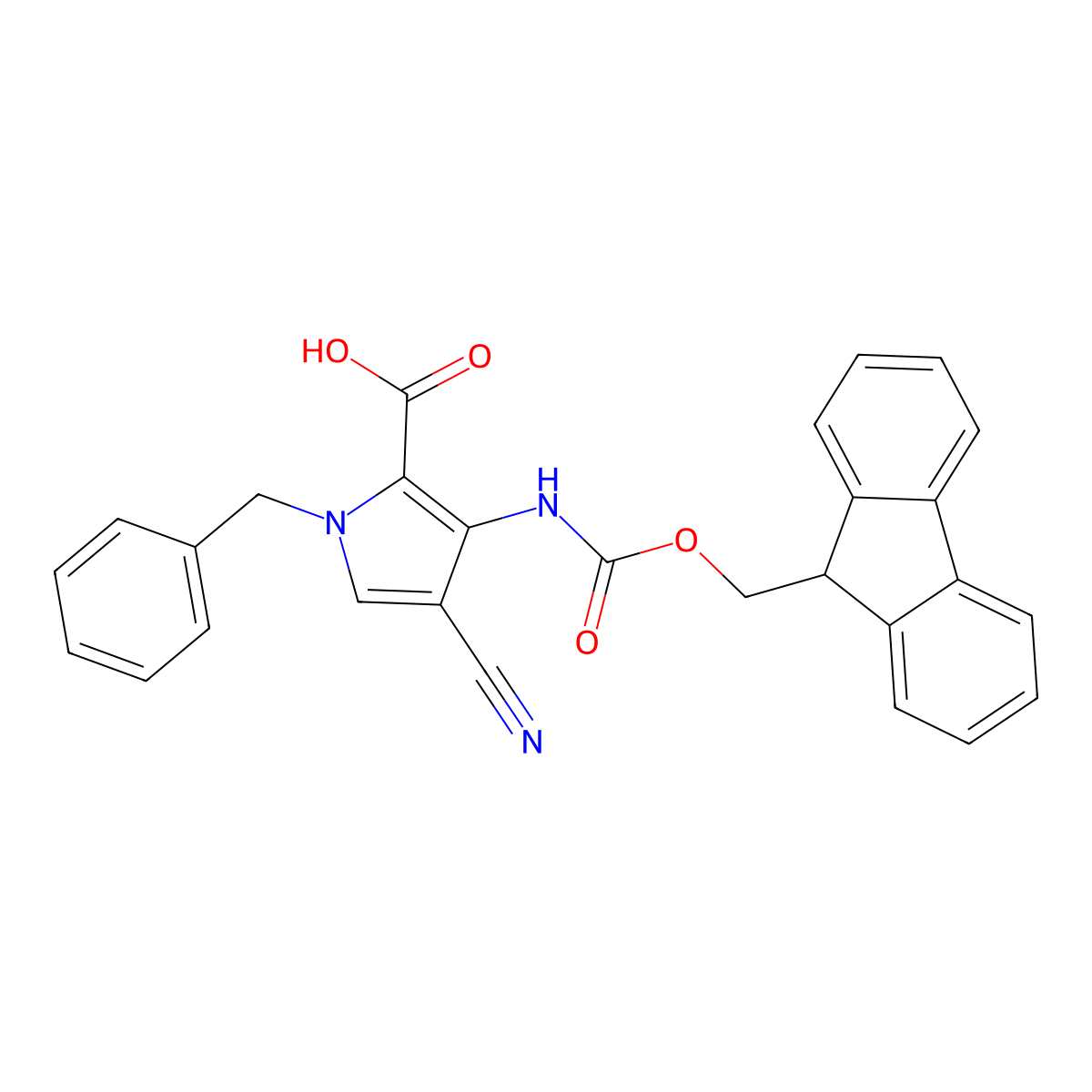 1-benzyl-4-cyano-3-({[(9H-fluoren-9-yl)methoxy]carbonyl}amino)-1H-pyrrole-2-carboxylic acid molecular structure, CAS 2387055-14-1