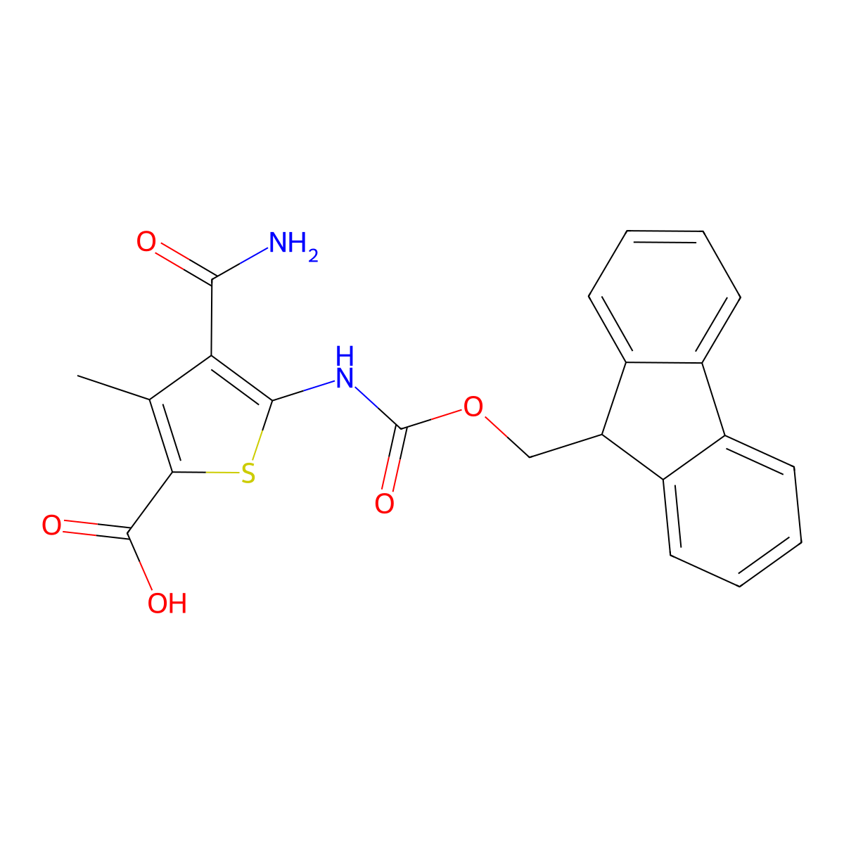 4-carbamoyl-5-({[(9H-fluoren-9-yl)methoxy]carbonyl}amino)-3-methylthiophene-2-carboxylic acid molecular structure, CAS 2387105-76-0