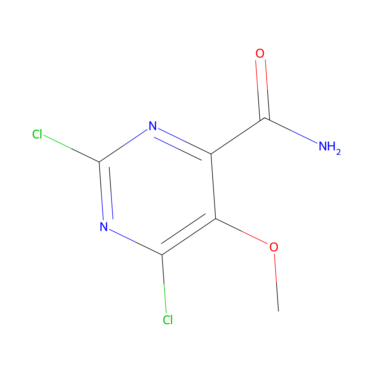 2,6-Dichloro-5-methoxypyrimidine-4-carboxamide molecular structure, CAS 2387106-56-9