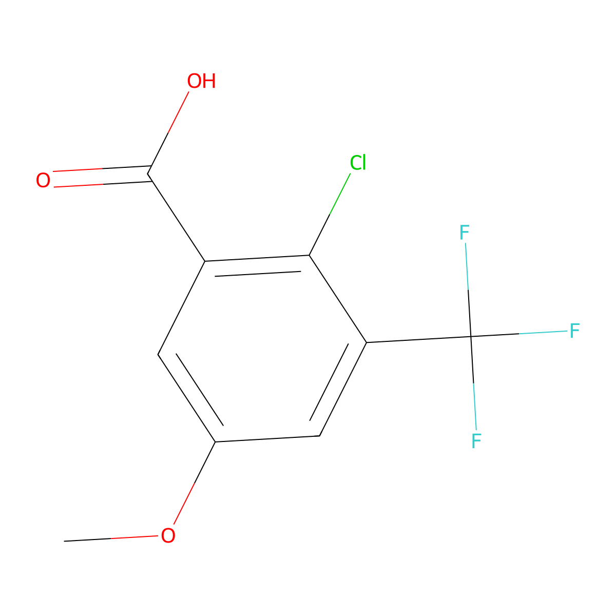 2-Chloro-5-methoxy-3-(trifluoromethyl)benzoic acid molecular structure, CAS 2387276-18-6