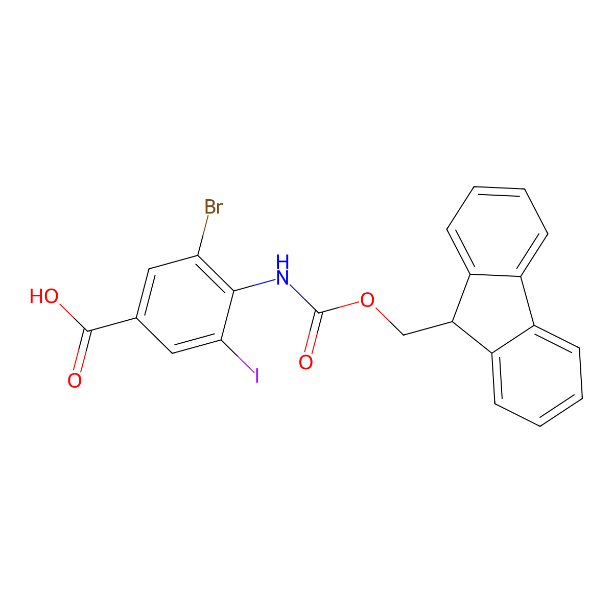 3-bromo-4-({[(9H-fluoren-9-yl)methoxy]carbonyl}amino)-5-iodobenzoic acid molecular structure, CAS 2387333-69-7