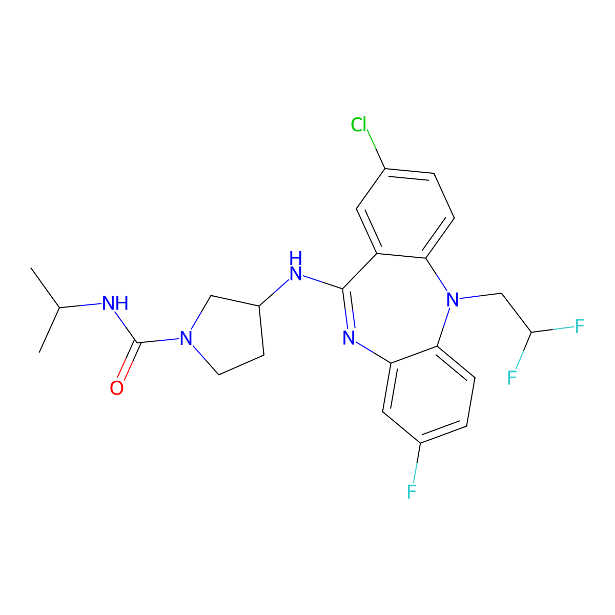 3-((2-Chloro-5-(2,2-difluoroethyl)-8-fluoro-5H-dibenzo[b,e][1,4]diazepin-11-yl)amino)-N-isopropylpyrrolidine-1-carboxamide molecular structure, CAS 2387510-83-8