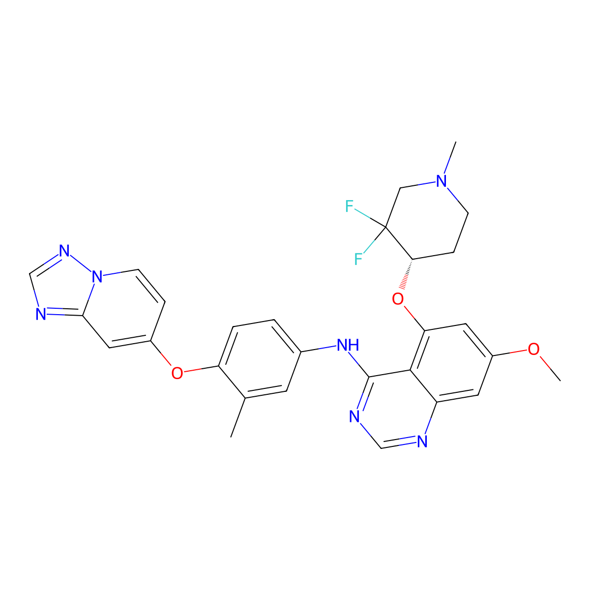 5-[(4S)-3,3-difluoro-1-methylpiperidin-4-yl]oxy-7-methoxy-N-[3-methyl-4-([1,2,4]triazolo[1,5-a]pyridin-7-yloxy)phenyl]quinazolin-4-amine molecular structure, CAS 2387570-00-3
