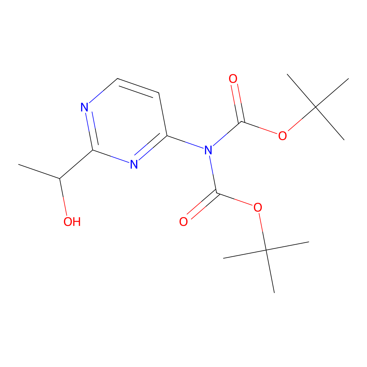 tert-butyl N-tert-butoxycarbonyl-N-[2-(1-hydroxyethyl)pyrimidin-4-yl]carbamate molecular structure, CAS 2387594-88-7