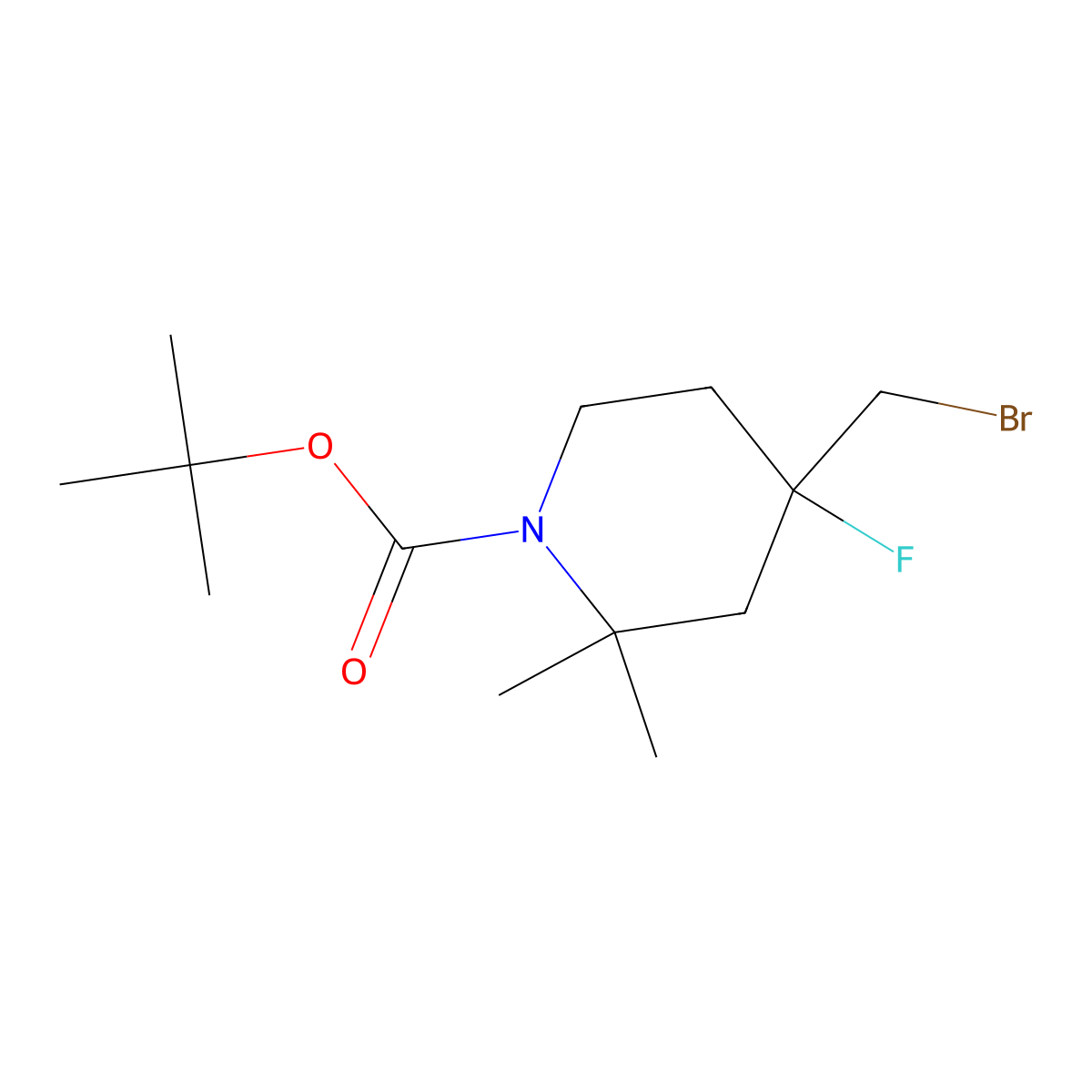 Tert-butyl 4-(bromomethyl)-4-fluoro-2,2-dimethyl-piperidine-1-carboxylate molecular structure, CAS 2387599-95-1