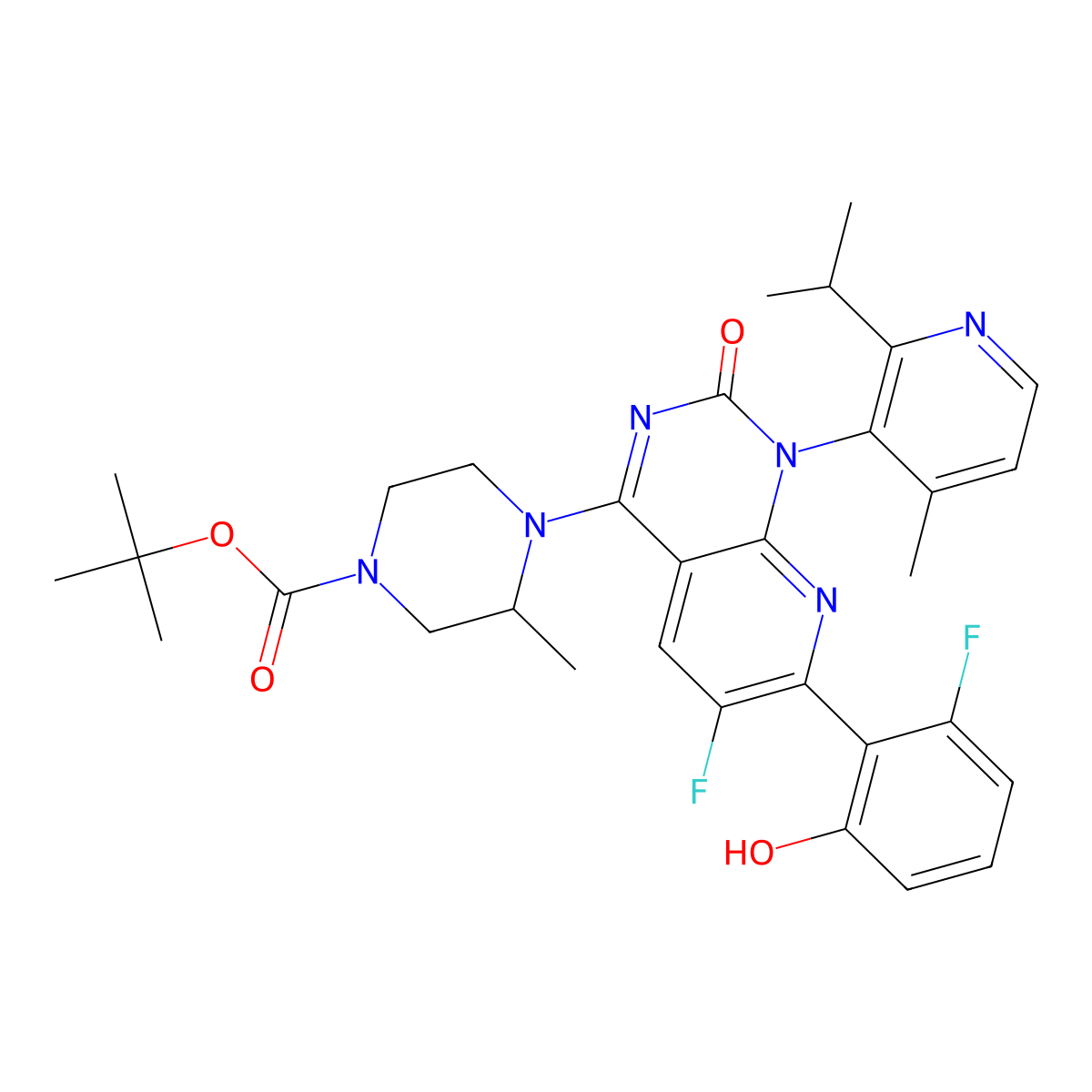 1-Piperazinecarboxylic acid, 4-[(1R)-6-fluoro-7-(2-fluoro-6-hydroxyphenyl)-1,2-dihydro-1-[4-methyl-2-(1-methylethyl)-3-pyridinyl]-2-oxopyrido[2,3-d]pyrimidin-4-yl]-3-methyl-, 1,1-dimethylethyl ester, (3S)-(ACI) molecular structure, CAS 2387708-38-3