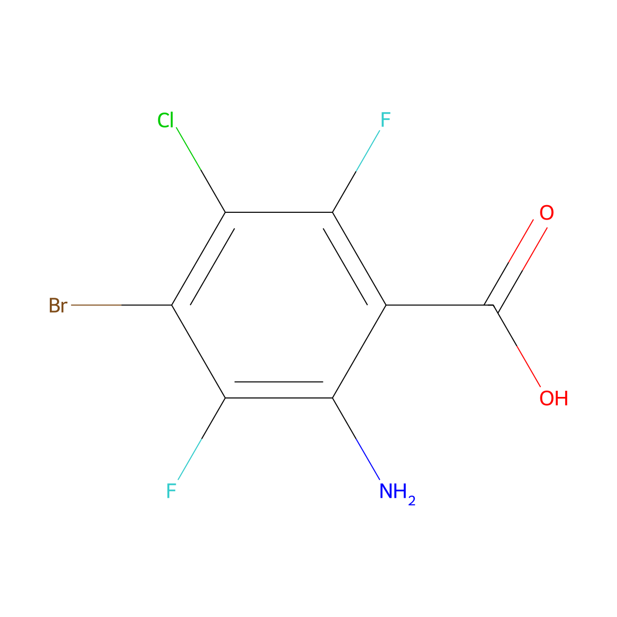 2-Amino-4-bromo-5-chloro-3,6-difluoro-benzoic acid molecular structure, CAS 2387928-70-1