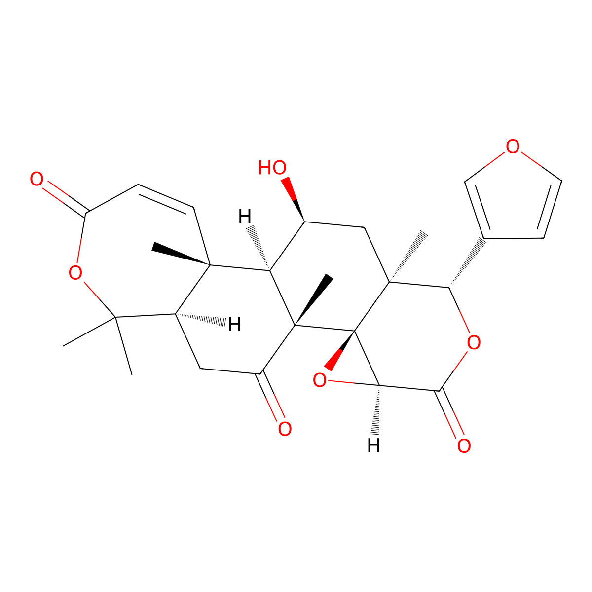(1S,3aS,4aR,4bR,6aR,11aR,11bR,12S,13aS)-1-(3-Furanyl)-1,6a,7,11a,11b,12,13,13a-octahydro-12-hydroxy-4b,7,7,11a,13a-pentamethyloxireno(4,4a)-2-benzopyrano(6,5-g)(2)benzoxepin-3,5,9(3aH,4bH,6H)-trione molecular structure, CAS 23885-43-0