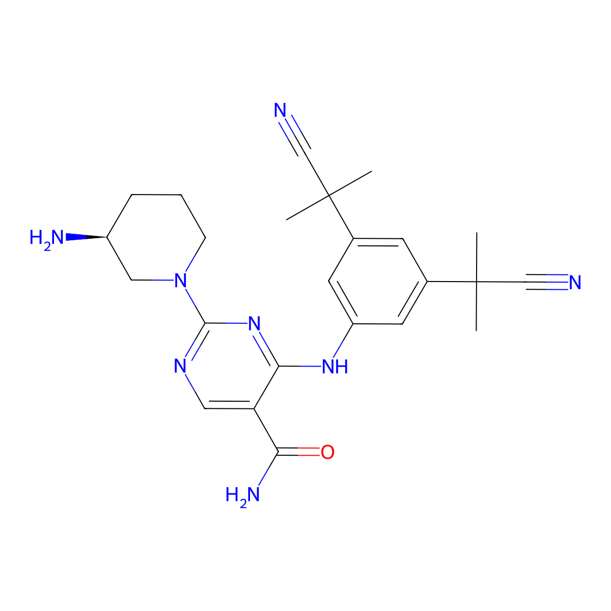 2-[(3~{S})-3-azanylpiperidin-1-yl]-4-[[3,5-bis(2-cyanopropan-2-yl)phenyl]amino]pyrimidine-5-carboxamide molecular structure, CAS 2388506-69-0