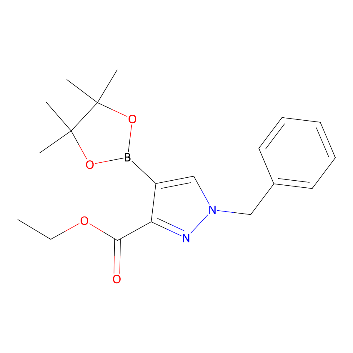 Ethyl 1-benzyl-4-(4,4,5,5-tetramethyl-1,3,2-dioxaborolan-2-yl)-1H-pyrazole-3-carboxylate molecular structure, CAS 2388985-03-1