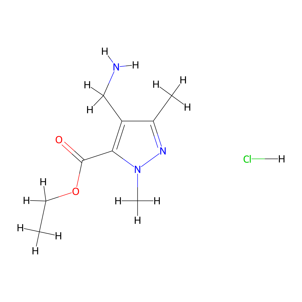 Ethyl 4-(Aminomethyl)-1,3-dimethyl-1H-pyrazole-5-carboxylate Hydrochloride molecular structure, CAS 2389017-98-3