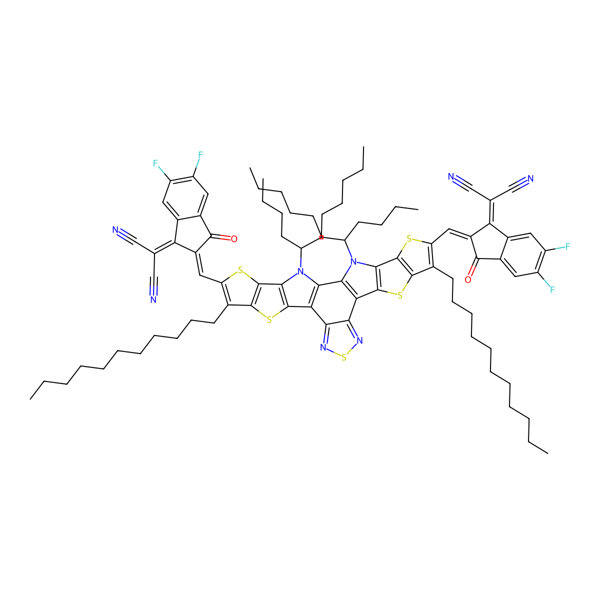2-[(2Z)-2-[[23-[(Z)-[1-(dicyanomethylidene)-5,6-difluoro-3-oxoinden-2-ylidene]methyl]-3,27-di(undecan-5-yl)-8,22-di(undecyl)-6,10,15,20,24-pentathia-3,14,16,27-tetrazaoctacyclo[16.9.0.02,12.04,11.05,9.013,17.019,26.021,25]heptacosa-1(18),2(12),4(11),5(9),7,13,16,19(26),21(25),22-decaen-7-yl]methylidene]-5,6-difluoro-3-oxoinden-1-ylidene]propanedinitrile molecular structure, CAS 2389125-23-7