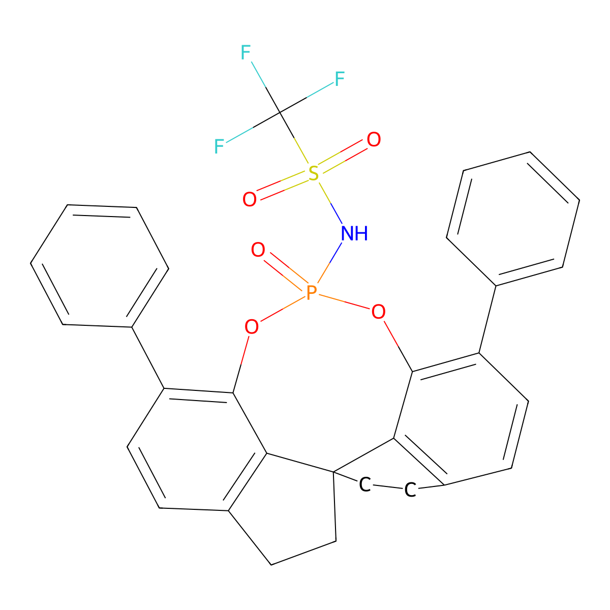 (11AS)-1,1,1-Trifluoro-N-(12-oxido-1,10-diphenyl-4,5,6,7-tetrahydrodiindeno[7,1-DE:1',7'-FG][1,3,2]dioxaphosphocin-12-YL)methanesulfonamide molecular structure, CAS 2390011-48-8