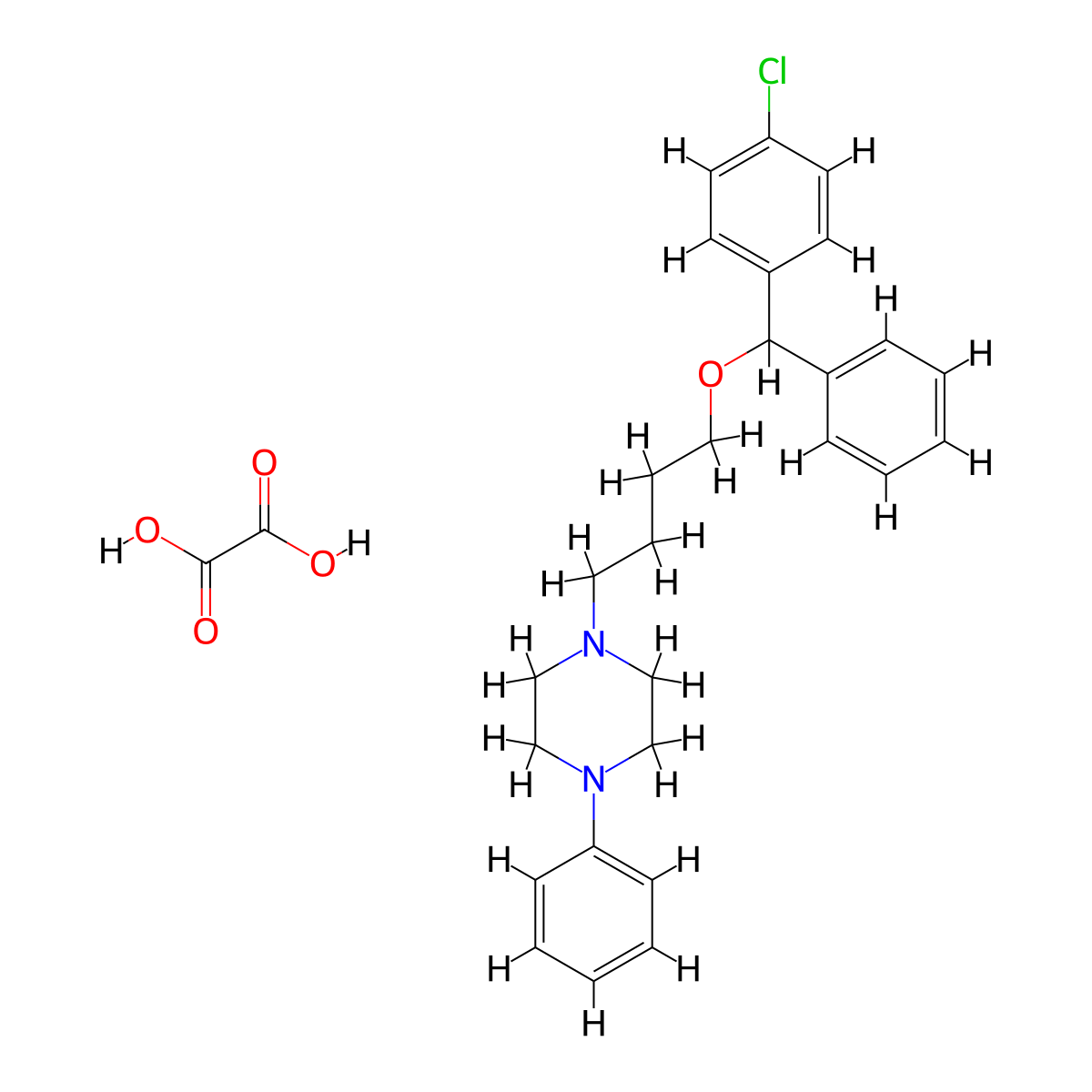 Piperazine, 1-(4-(alpha-(p-chlorophenyl)benzyloxy)butyl)-4-phenyl-, oxalate molecular structure, CAS 23904-89-4