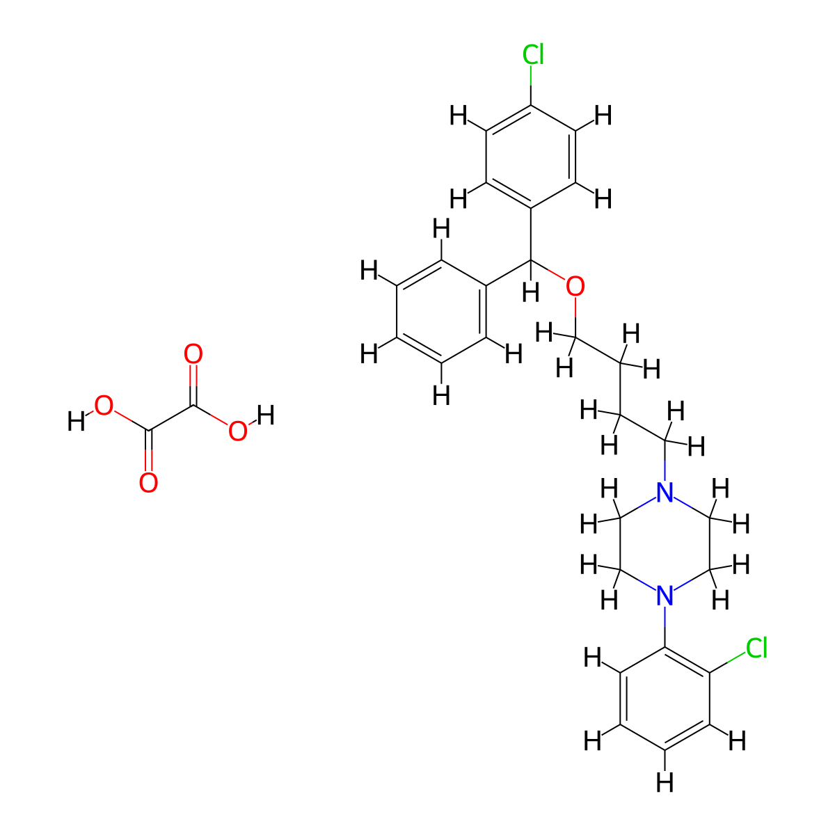Piperazine, 1-(o-chlorophenyl)-4-(4-(alpha-(p-chlorophenyl)benzyloxy)butyl)-, oxalate molecular structure, CAS 23904-90-7