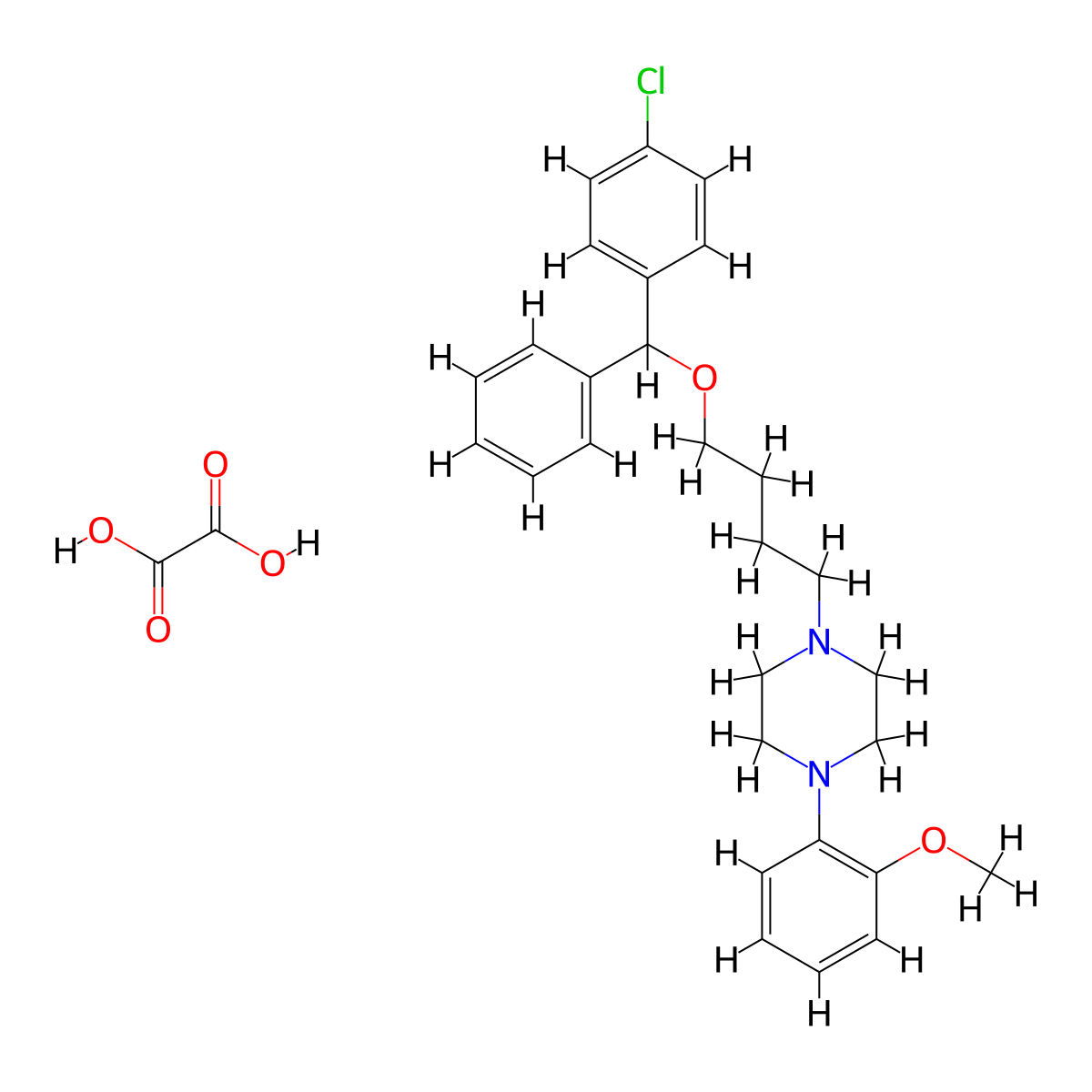 Piperazine, 1-(4-(alpha-(p-chlorophenyl)benzyloxy)butyl)-4-(o-methoxyphenyl)-, oxalate molecular structure, CAS 23904-91-8