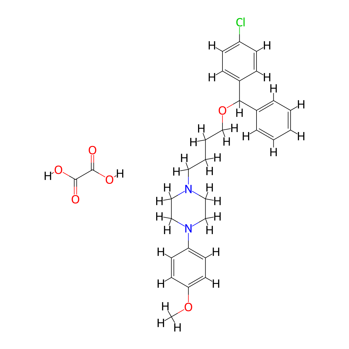 Piperazine, 1-(4-(alpha-(p-chlorophenyl)benzyloxy)butyl)-4-(p-methoxyphenyl)-, oxalate molecular structure, CAS 23904-92-9