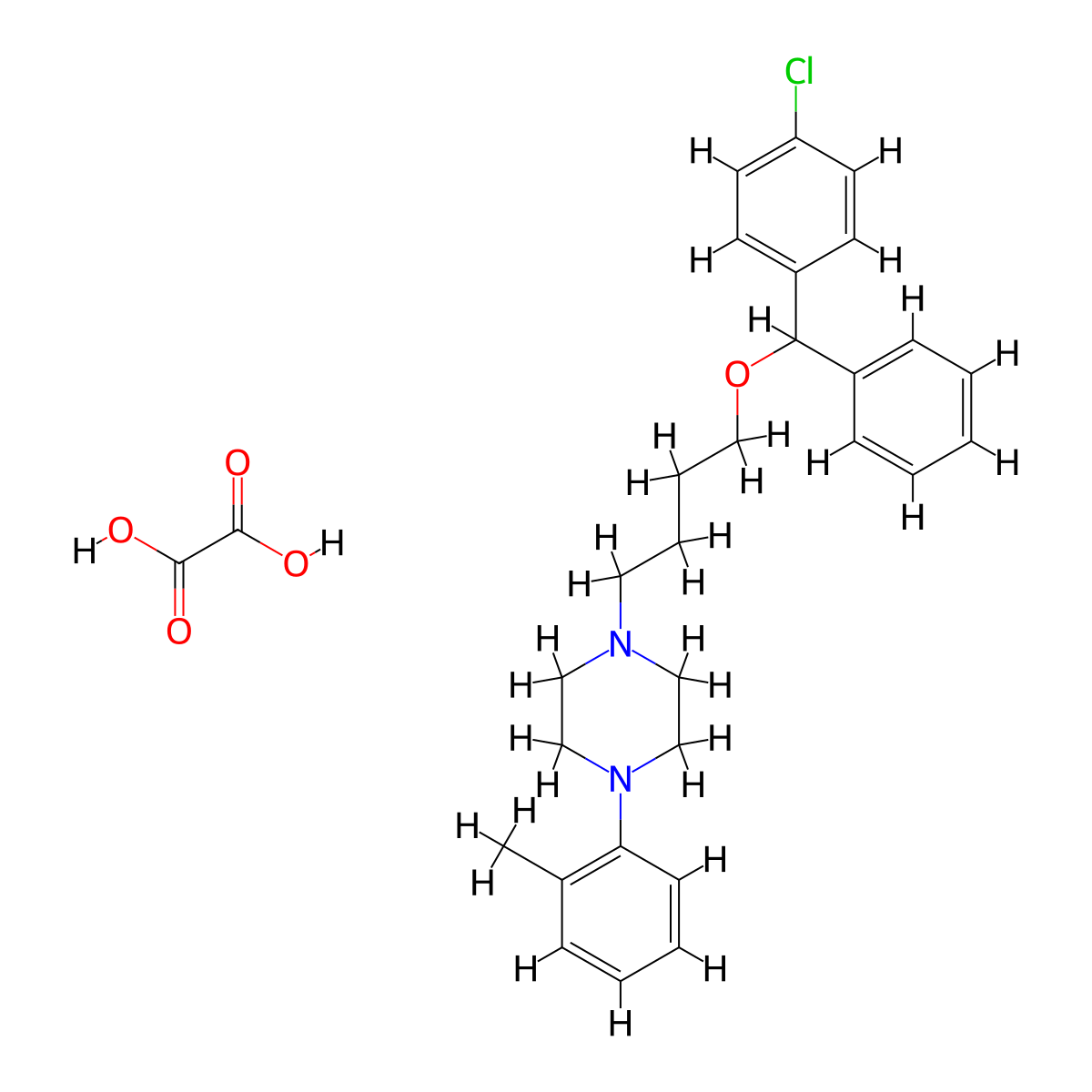 Piperazine, 1-(4-(alpha-(p-chlorophenyl)benzyloxy)butyl)-4-(o-tolyl)-, oxalate molecular structure, CAS 23904-93-0
