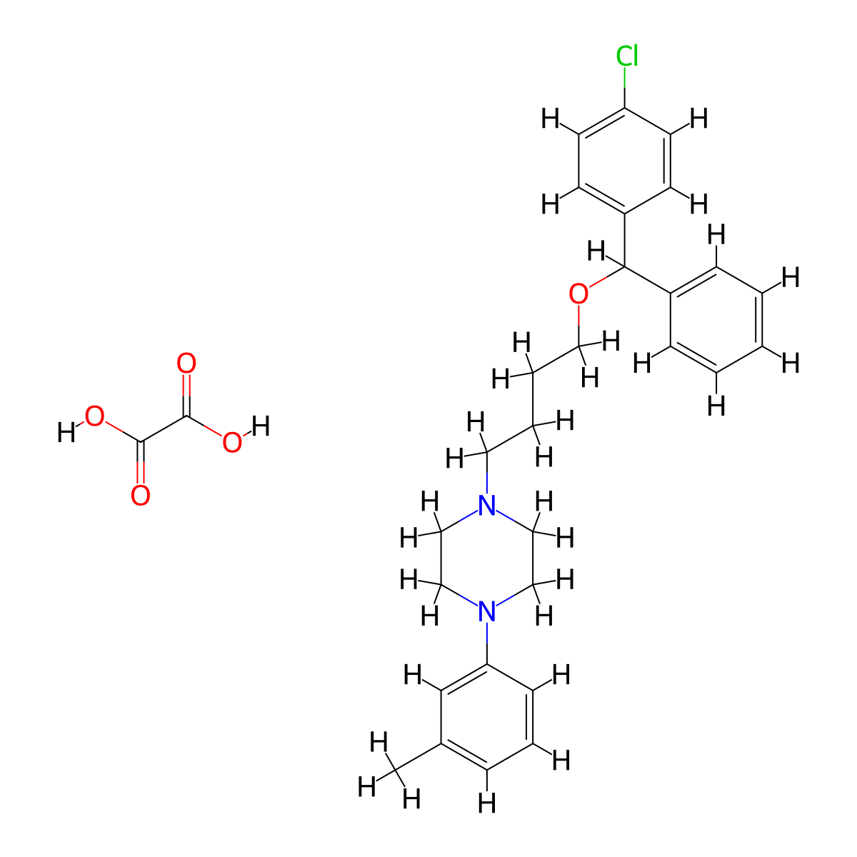 Piperazine, 1-(4-(alpha-(p-chlorophenyl)benzyloxy)butyl)-4-(m-tolyl)-, oxalate molecular structure, CAS 23904-94-1