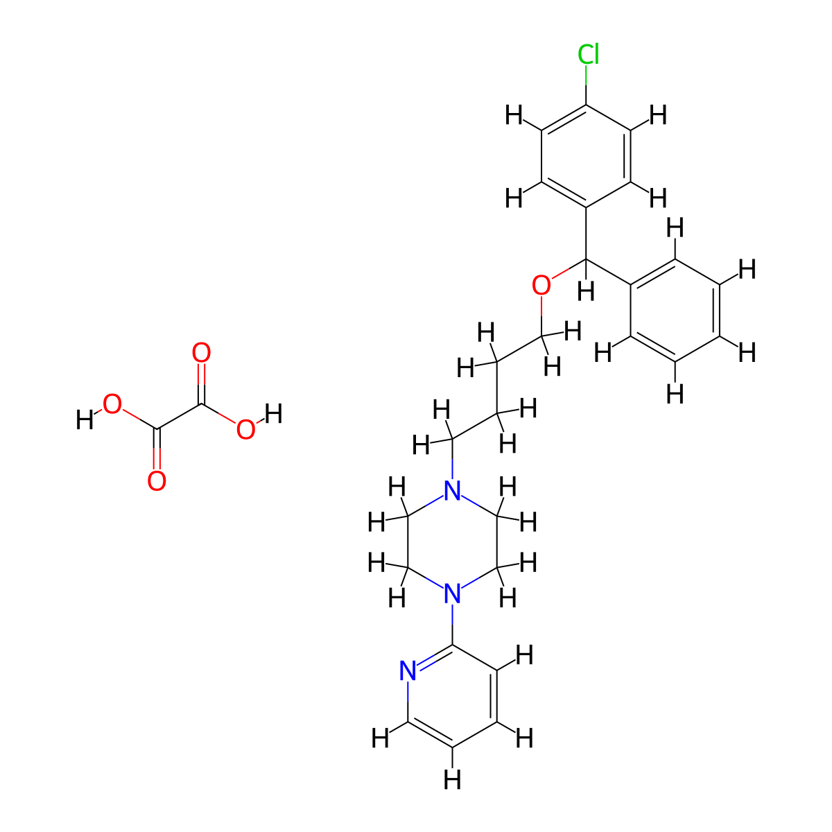 Piperazine, 1-(4-(alpha-(p-chlorophenyl)benzyloxy)butyl)-4-(2-pyridyl)-, oxalate molecular structure, CAS 23904-95-2