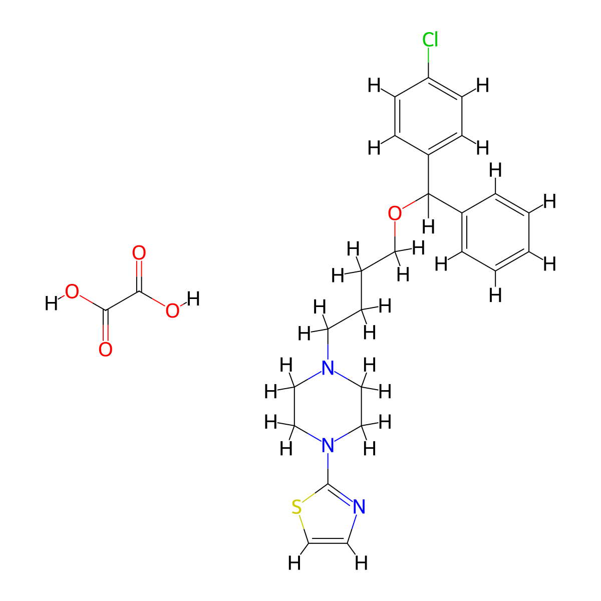 Piperazine, 1-(4-(alpha-(p-chlorophenyl)benzyloxy)butyl)-4-(2-thiazolyl)-, oxalate molecular structure, CAS 23904-97-4