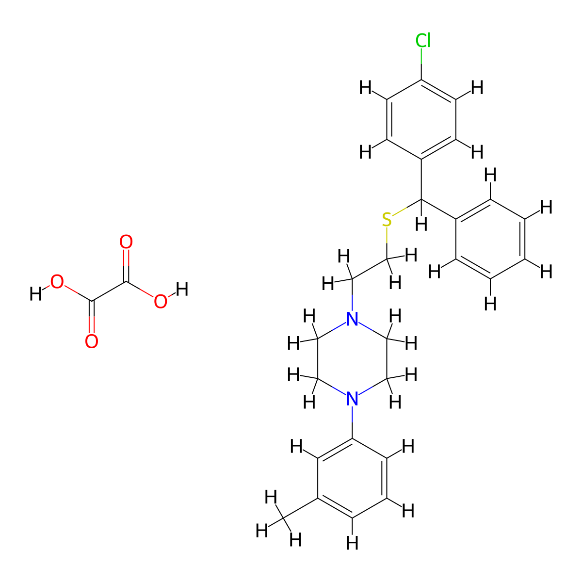 Piperazine, 1-(2-(alpha-(p-chlorophenyl)benzylthio)ethyl)-4-(m-tolyl)-, oxalate molecular structure, CAS 23905-04-6