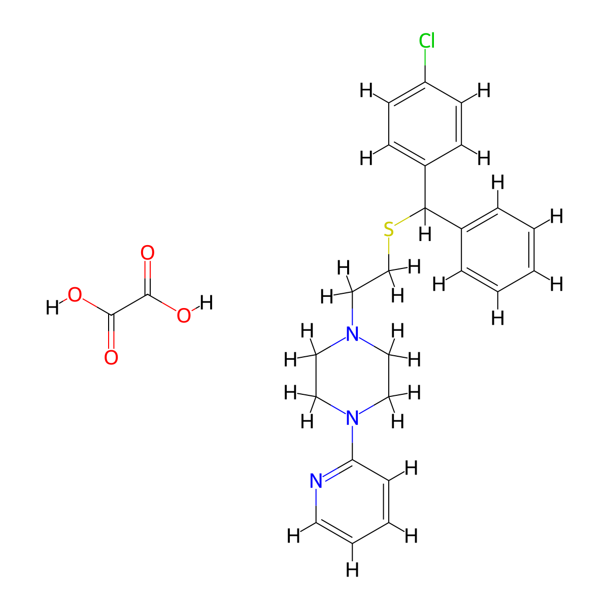 Piperazine, 1-(2-(alpha-(p-chlorophenyl)benzylthio)ethyl)-4-(2-pyridyl)-, oxalate molecular structure, CAS 23905-06-8