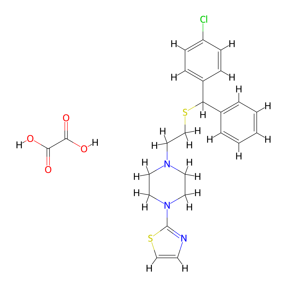 Piperazine, 1-(2-(alpha-(p-chlorophenyl)benzylthio)ethyl)-4-(2-thiazolyl)-, oxalate molecular structure, CAS 23905-07-9