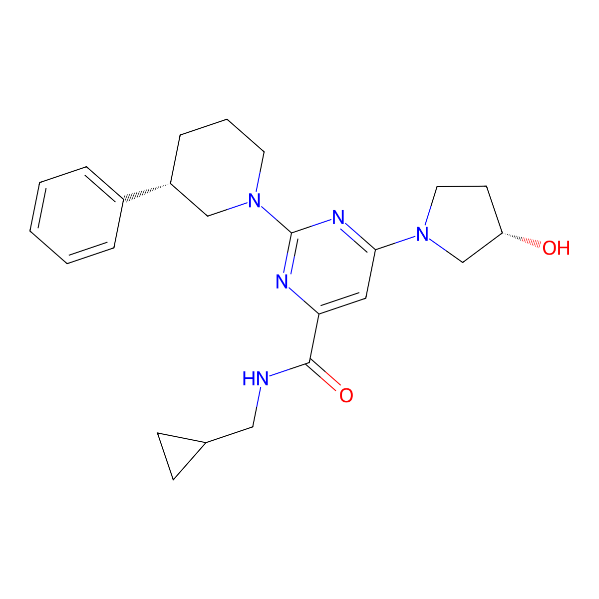 N-(cyclopropylmethyl)-6-[(3S)-3-hydroxypyrrolidin-1-yl]-2-[(3S)-3-phenylpiperidin-1-yl]pyrimidine-4-carboxamide molecular structure, CAS 2393840-15-6