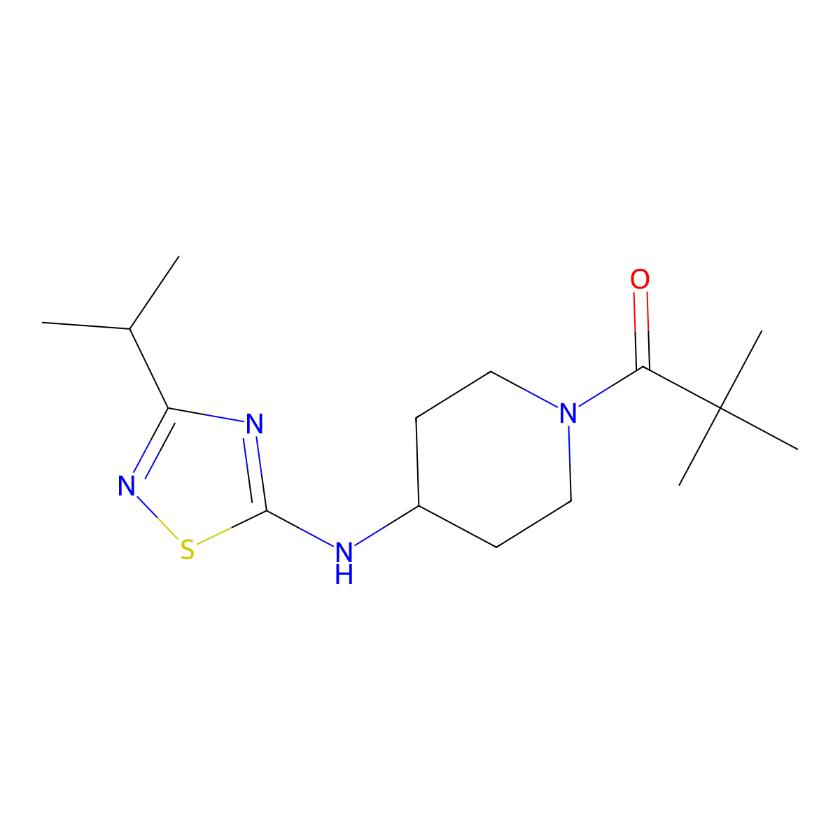 2,2-Dimethyl-1-(4-{[3-(propan-2-yl)-1,2,4-thiadiazol-5-yl]amino}piperidin-1-yl)propan-1-one molecular structure, CAS 2394579-71-4