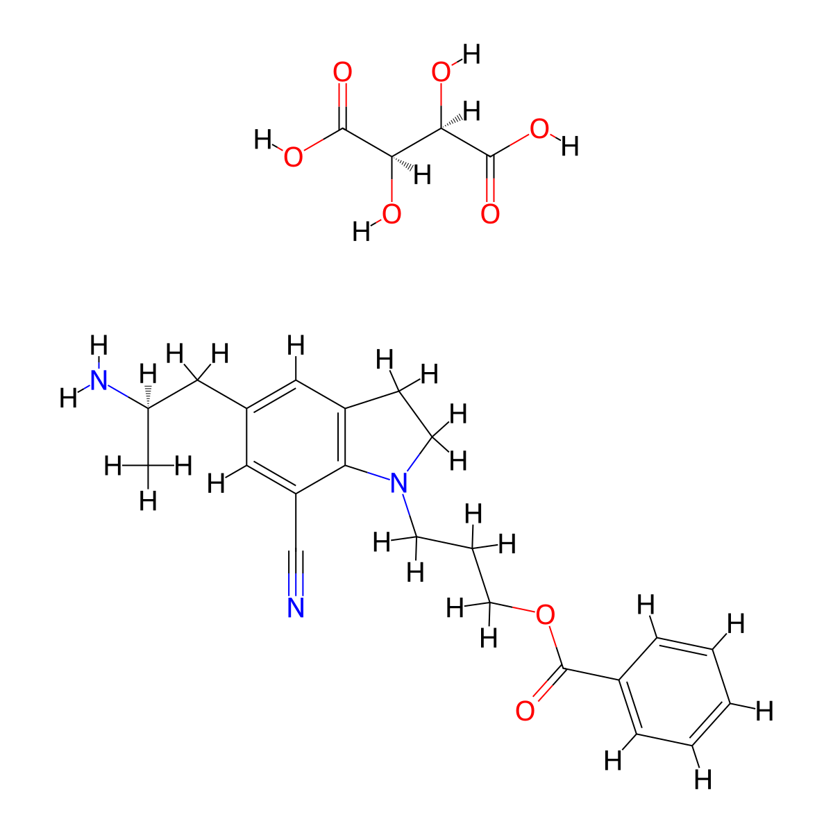 (2R,3R)-2,3-Dihydroxybutanedioic acid--3-(5-((2R)-2-aminopropyl)-7-cyano-2,3-dihydro-1H-indol-1-yl)propyl benzoate (1/1) molecular structure, CAS 239463-85-5