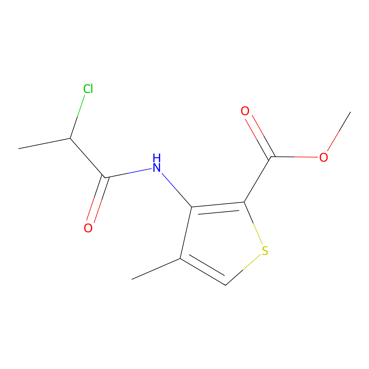 Methyl 3-(2-chloropropanamido)-4-methylthiophene-2-carboxylate molecular structure, CAS 23964-56-9