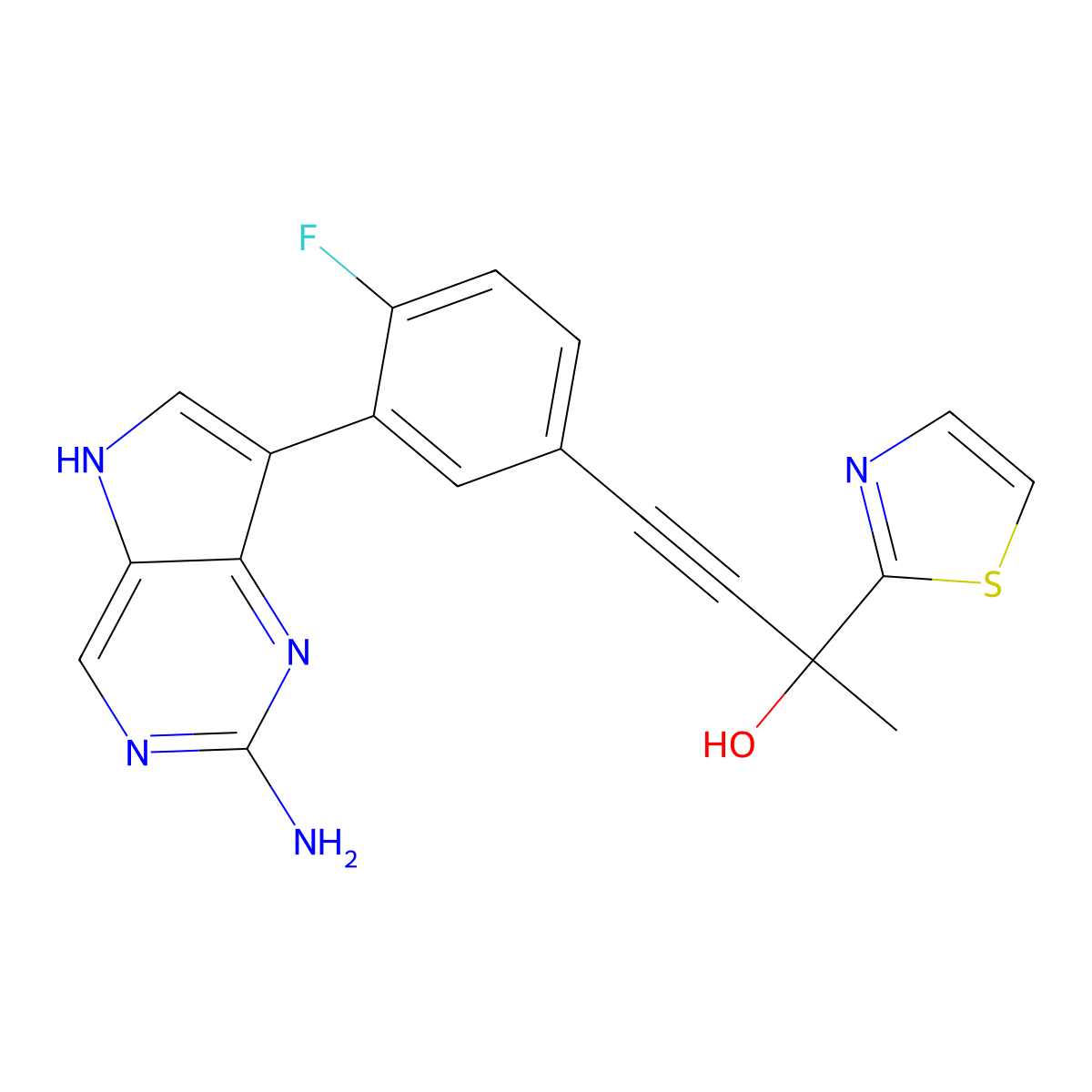 4-(3-(2-Amino-5H-pyrrolo[3,2-d]pyrimidin-7-yl)-4-fluorophenyl)-2-(thiazol-2-yl)but-3-yn-2-ol molecular structure, CAS 2396555-71-6