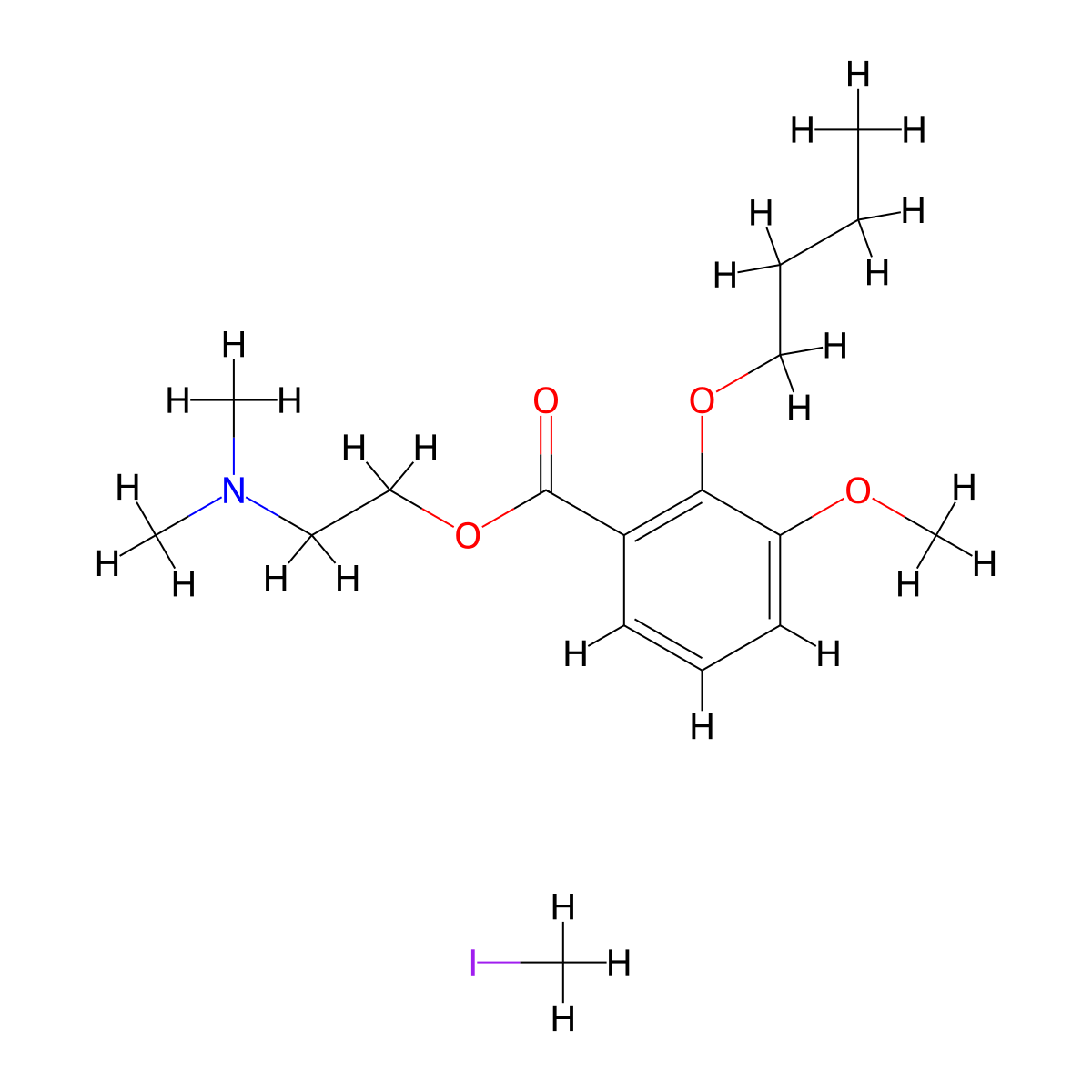 Benzoic acid, 2-butoxy-3-methoxy-, 2-(dimethylamino)ethyl ester, methyliodide molecular structure, CAS 23966-69-0