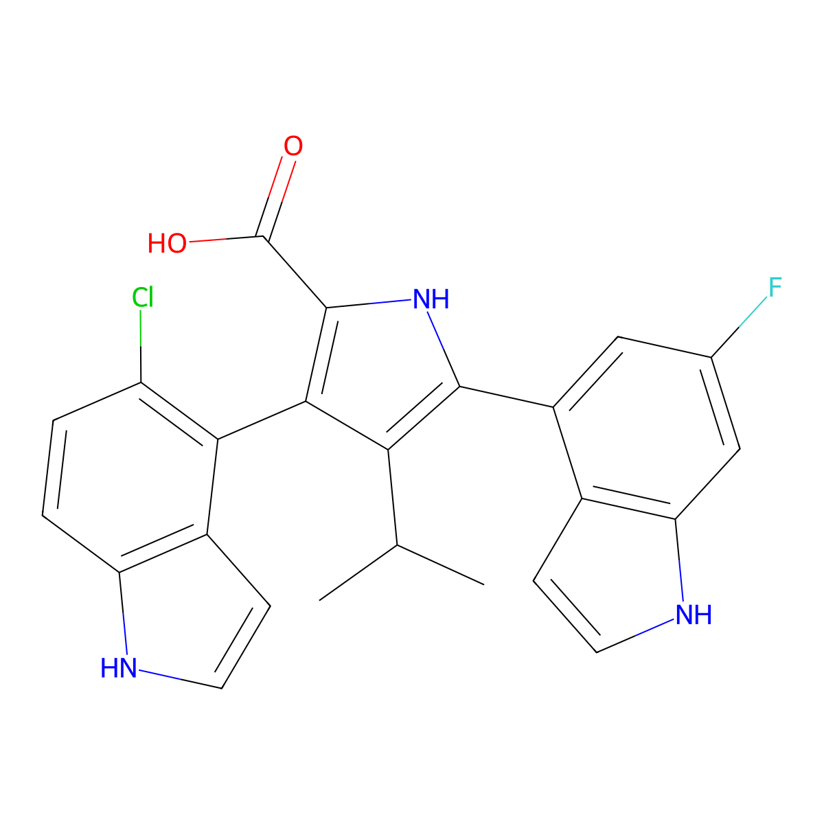 3-(5-chloro-1H-indol-4-yl)-5-(6-fluoro-1H-indol-4-yl)-4-propan-2-yl-1H-pyrrole-2-carboxylic acid molecular structure, CAS 2396639-29-3