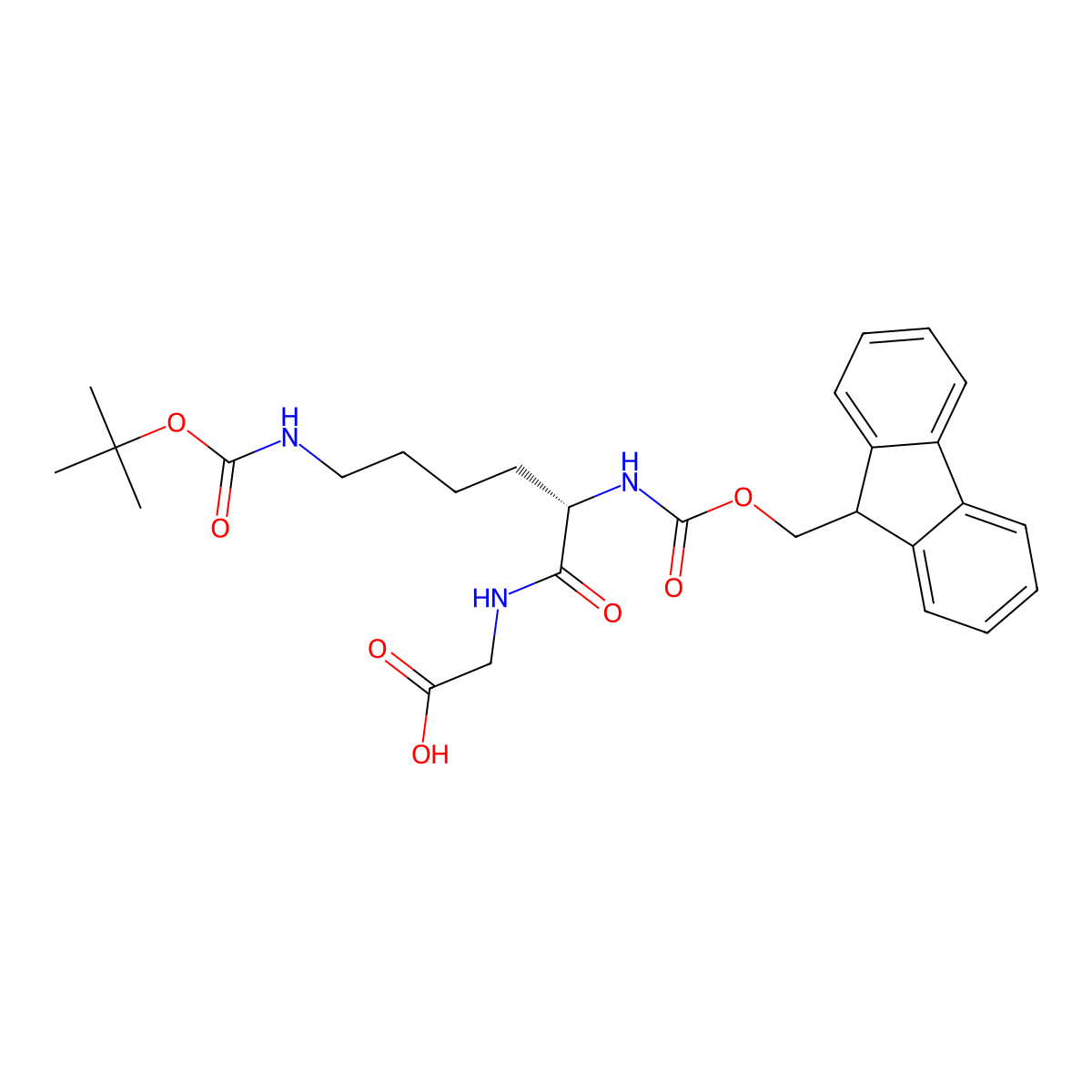 (S)-2-(2-((((9H-fluoren-9-yl)methoxy)carbonyl)amino)-6-((tert-butoxycarbonyl)amino)hexanamido)acetic acid molecular structure, CAS 239798-78-8