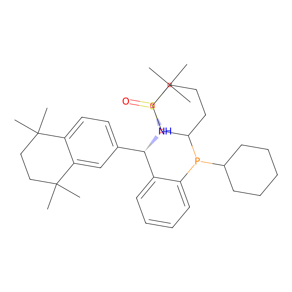 (R)-N-((S)-(2-(Dicyclohexylphosphanyl)phenyl)(5,5,8,8-tetramethyl-5,6,7,8-tetrahydronaphthalen-2-yl)methyl)-2-methylpropane-2-sulfinamide molecular structure, CAS 2398533-82-7