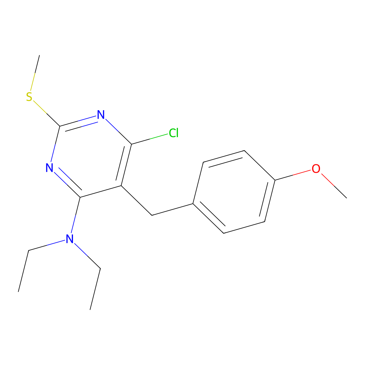 6-chloro-N,N-diethyl-5-[(4-methoxyphenyl)methyl]-2-methylsulfanylpyrimidin-4-amine molecular structure, CAS 23994-32-3