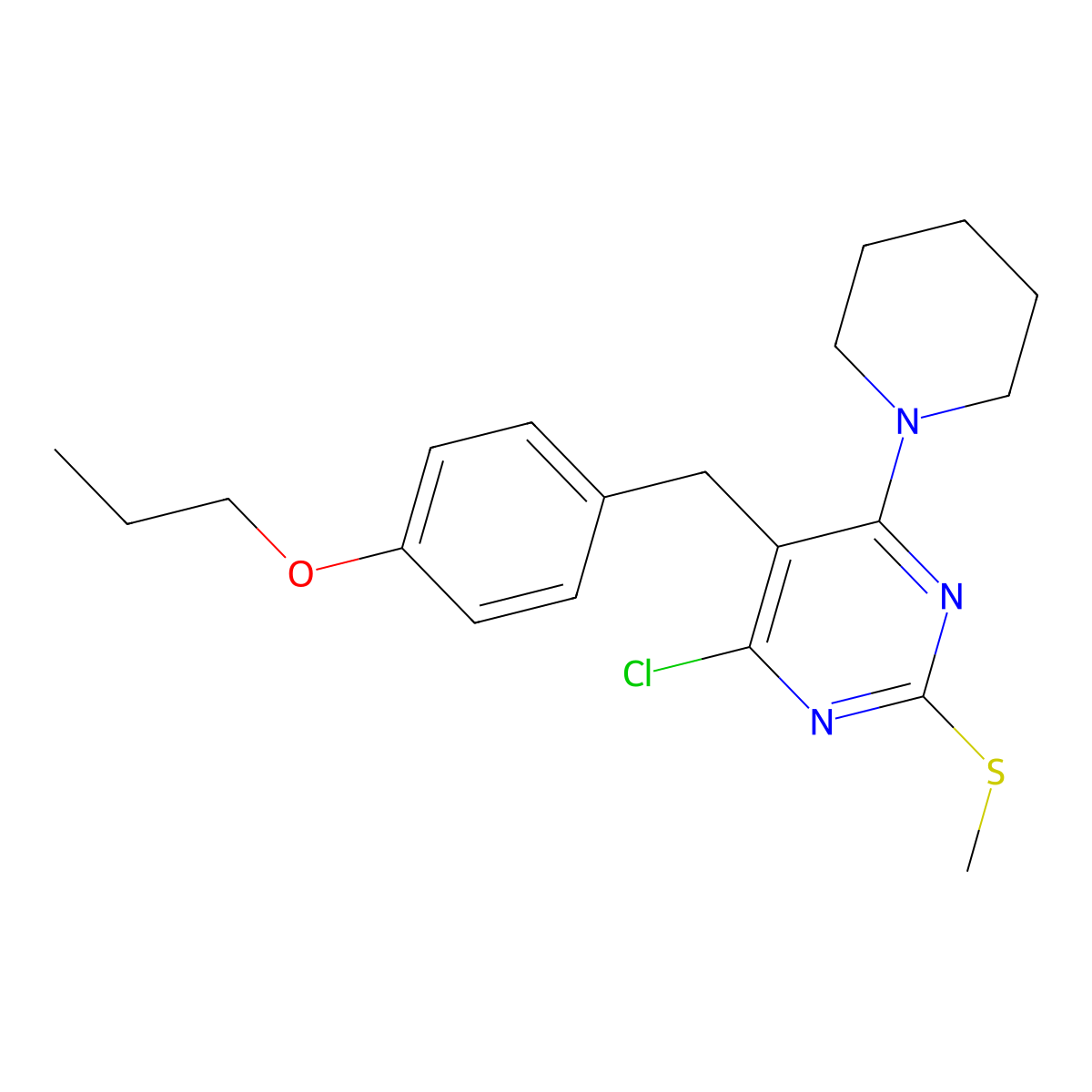 4-Chloro-2-methylsulfanyl-6-piperidin-1-yl-5-[(4-propoxyphenyl)methyl]pyrimidine molecular structure, CAS 23994-39-0