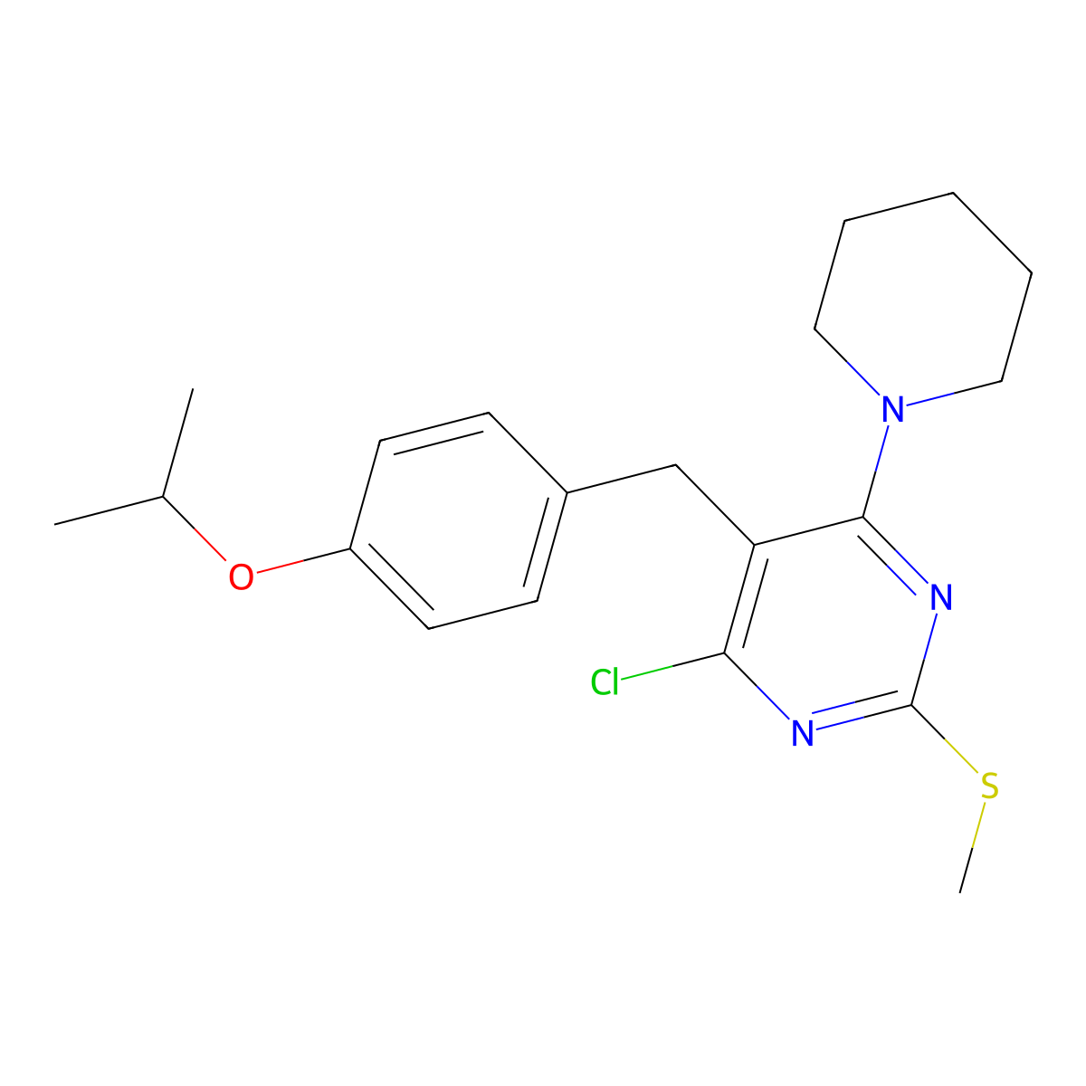 4-Chloro-2-methylsulfanyl-6-piperidin-1-yl-5-[(4-propan-2-yloxyphenyl)methyl]pyrimidine molecular structure, CAS 23994-43-6