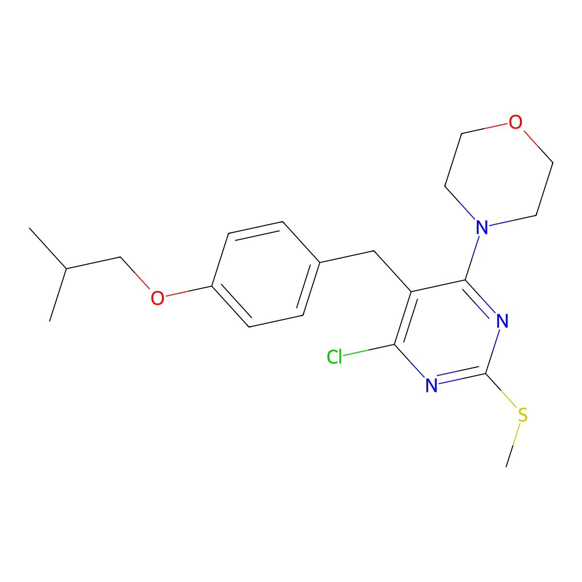 4-[6-Chloro-5-[[4-(2-methylpropoxy)phenyl]methyl]-2-methylsulfanylpyrimidin-4-yl]morpholine molecular structure, CAS 23994-52-7
