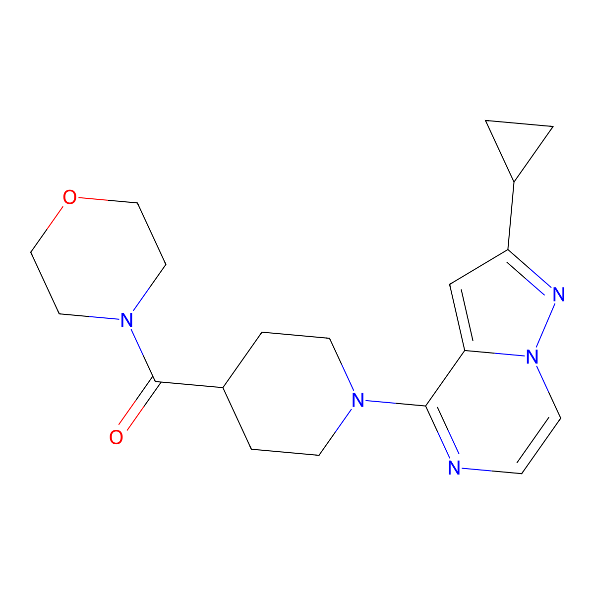 4-(1-{2-Cyclopropylpyrazolo[1,5-a]pyrazin-4-yl}piperidine-4-carbonyl)morpholine molecular structure, CAS 2399995-11-8