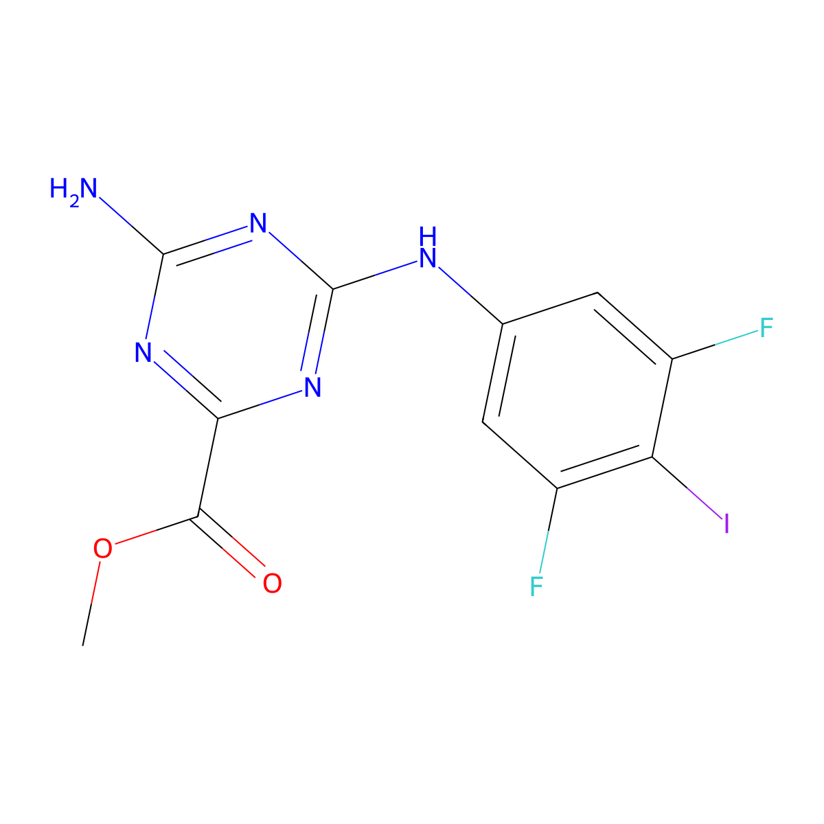 Methyl 4-amino-6-((3,5-difluoro-4-iodophenyl)amino)-1,3,5-triazine-2-carboxylate molecular structure, CAS 2400954-58-5