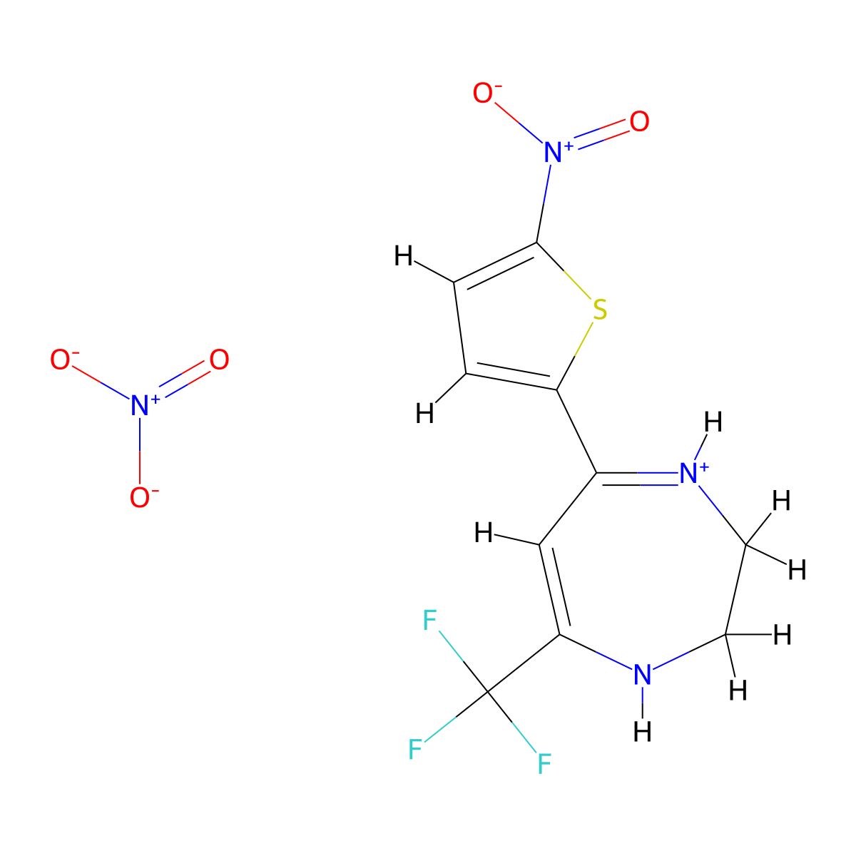 5-(5-nitrothiophen-2-yl)-7-(trifluoromethyl)-2,3-dihydro-1H-1,4-diazepin-4-ium nitrate molecular structure, CAS 240122-27-4