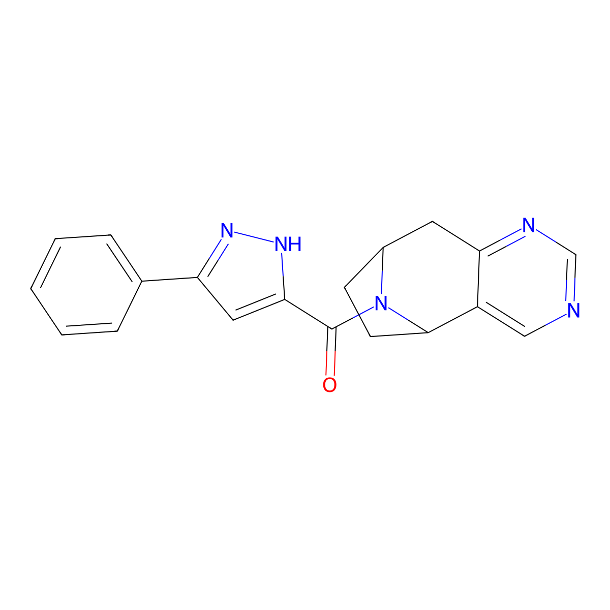 12-(3-phenyl-1H-pyrazole-5-carbonyl)-4,6,12-triazatricyclo[7.2.1.0^{2,7}]dodeca-2(7),3,5-triene molecular structure, CAS 2401373-24-6
