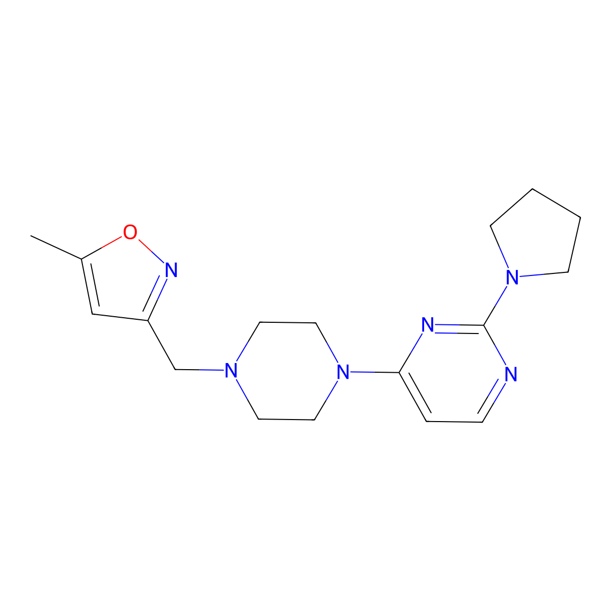 4-{4-[(5-Methyl-1,2-oxazol-3-yl)methyl]piperazin-1-yl}-2-(pyrrolidin-1-yl)pyrimidine molecular structure, CAS 2401780-81-0
